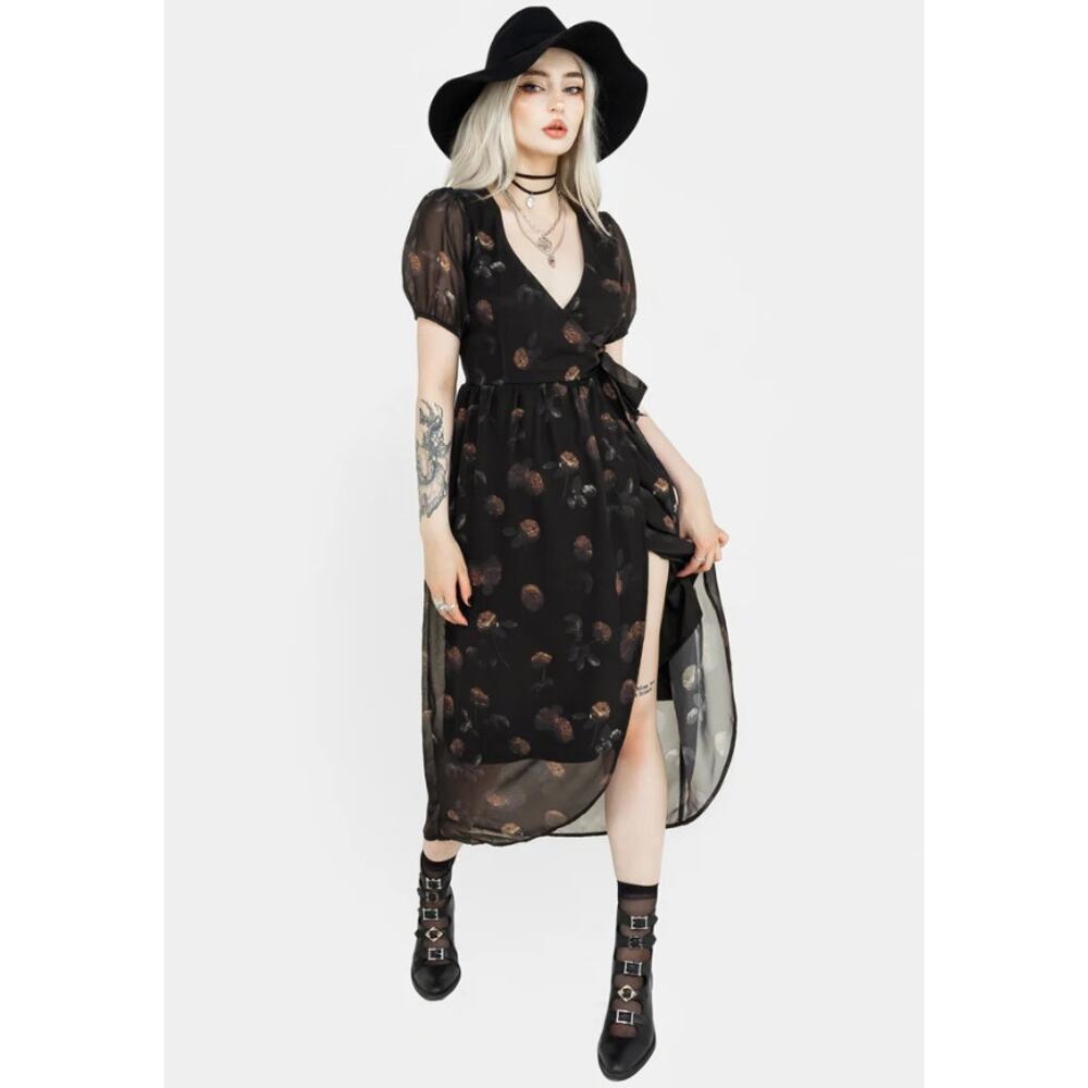 New Disturbia Womens 14 Dress Plus Size Monica Floral Chiffon Midi Wrap Goth Emo - Picture 1 of 10